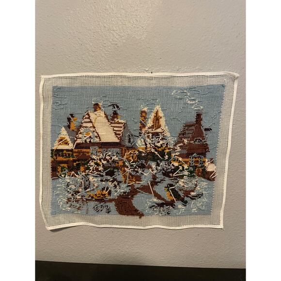 Vintage Needlepoint Winter Village Snow Scene Birds Houses Finished Embroidery - Picture 4 of 7
